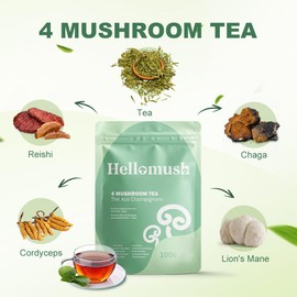 Hellomush Premium Organic Mushroom Tea, Made with Organic Green Tea, Lions Mane, Reishi, Chaga, and Cordyceps – Loose-Leaf, Non-GMO, Additive-Free – 50 Servings