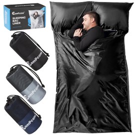 CAMPCONE Silky Sleeping Bag Liner Cold/Warm Weather–XL Travel Sheets for Hotel 85"×52"– Lightweight sleep sack with Zipper & Pillow Pocket-100% Polyester Adult Sleep Sack - Hotel Sleeping Bag. (Black)