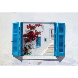 CSFOTO 6x4ft Background for Blue Shutters Opened View Photography Backdrop Traditional Architecture of Oia Village Landmark Mediterranean Resort Vacation Tour Photo Studio Props Polyester Wallpaper