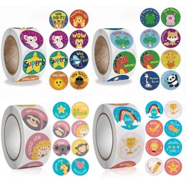 4 Rolls Reward Stickers for Kids, 2000 Pcs Teacher Motivational School Supplies,1 Inch Round Cartoon Animals Praise