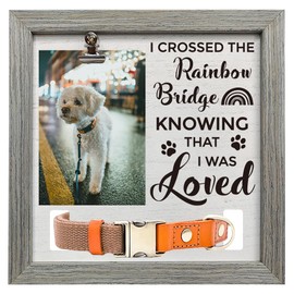 FINGERINSPIRE Pet Memorial Picture Frame 9x9inch I Crossed The Rainbow Bridge Knowing That I Was Loved Pet Photo Frames with Photo Clip & Collar Holder Wood Memorial Frame for Dog Cat Pet that Passed
