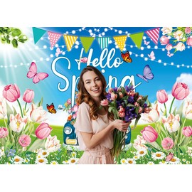 Spring Backdrop Easter Hello Spring Background Colorful Flower Butterfly Tulip Party Decor Banner Easter Holiday Party Supplies Home Indoor Outdoor Photo Prop (6x4FT)