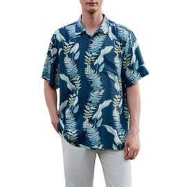LUXSTITCH Men's Silk Hawaiian Floral Shirts Short Sleeve Button Down Casual Tropical Holiday Beach Shirts Blue
