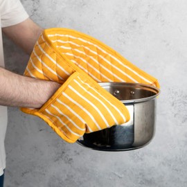 MOLLY MALOU® Butcher Stripe Double Oven Gloves Quilted Heavy Duty Cooking Potholder Heat Resistant Mitt 18x90cm (Lemon)