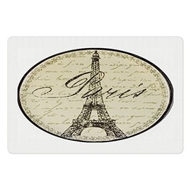 Lunarable Paris Pet Mat for Food and Water, Vintage Wall Sign with Paris Theme Famous Landmark Tourism Travel Destination, Non-Slip Rubber Mat for Dogs and Cats, 18" X 12", Beige Black
