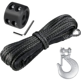 WROUGH 1/4" Synthetic Winch Rope Kit, 1/4 in x 50 Ft 10,000LBs Strength ATV Winch Rope Line with Steel Hook, Rubber Stopper, Protecting Sleeve and Thimble, Suitable for ATV, SUV, Vehicle (Black)