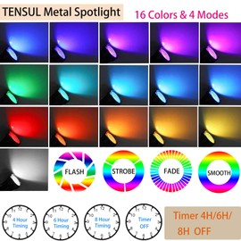TENSUL Landscape Spotlight 10W LED Color Changing Outdoor Christmas Spot Lights Timer Remote IP65 Waterproof RGB Metal Case Spotlights with Stake Stand for Yard Garden Lawn Patio, 4 Lights
