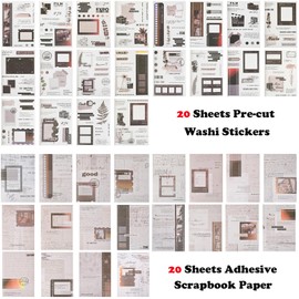 Vintage Washi Stickers Book for Journaling, 180pcs Aesthetic Film Journal Stickers and 20 Sheets Adhesive Scrapbook Papers for Junk Journal Supplies Ephemera Sticker Book for Adults DIY Art Crafts