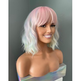 The Extension Room Pastel Pink Ombre Wavy Wig with Bangs, Shoulder Length, Synthetic Hair