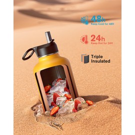 Half Gallon Water Bottle Insulated with Straw & 3 Lids, Coolflask 64 oz Water Jug Large Metal Stainless Steel Wide Mouth for Sports, Gym or Office, Non-BPA Keep Cold 48H Hot 24H, Ombre Yellow/Orange