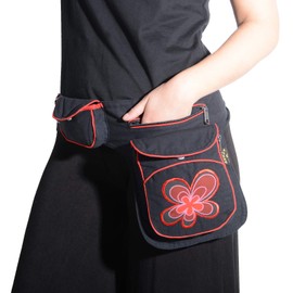 Kunst und Magie Goa Schulter Bauchtasche Gürteltasche Bauchgurt Hippie Psy Festival Blumenmotiv, Farbe:Schwarz/Rot