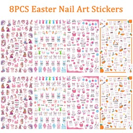 Easter Nail Art Stickers Bunny Egg Chicken Nail Decals Colorful Eggs Holographic Cute Rabbit Nail Animal Design 3D Self-Adhesive Easter Day DIY Nail Decor for Women Girls 8PCS