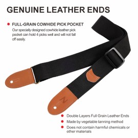 Nefelibata Guitar Strap – Cotton Guitar Straps with First Layer Cowhide Leather Ends and Pick Bag – for Electric Guitars, Set Includes 1 Strap Button, 2 Strap Locks and 4 Picks (Black)