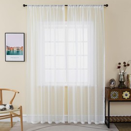 Ftinala Off White Sheer Curtains 90 Inches Long 2 Panels, Thin Textured Linen Look See Through Curtain, Rustic Living Room Drapes, Rod Pocket Window Treatments Decor Ivory