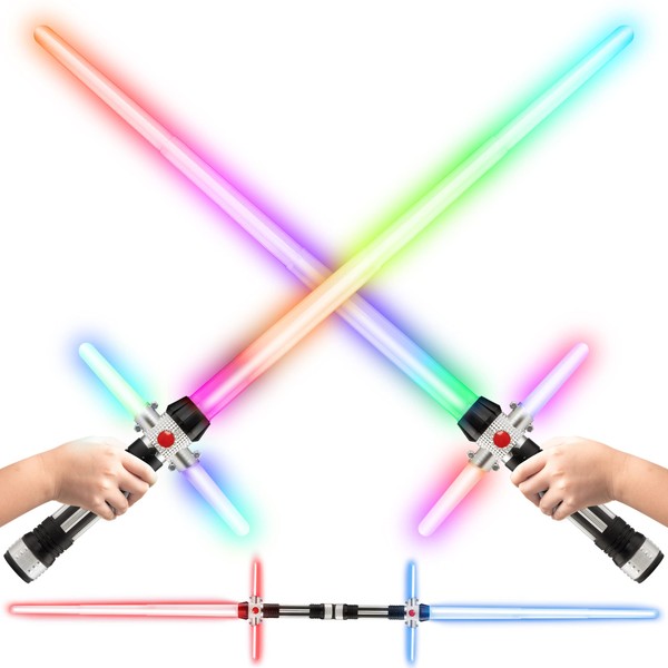 USA Toyz Crossbeam Galaxy Light Up Saber for Kids or Adults - 2-in-1 LED Dual Light Swords Set with FX Sound, 6 Color-Changing LEDs, Motion Sensitive, Retractable, Expandable Light Saber Double-Sided
