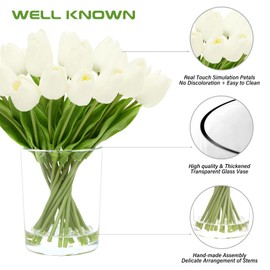 WELL KNOWN 20 Pcs White Tulips Artificial Flowers in Vase, Fake Flowers in Glass Vase, Real Touch Fake Tulips Artificial Flowers in vase with Faux Water for Home Decoration, Dining Table