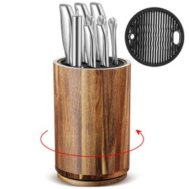 Hushee Wooden Knife Holder Block with Plastic Lid, 360° Rotating Kitchen Utensil Storage Holder Countertop Organizer Display Large Capacity, Without Knives