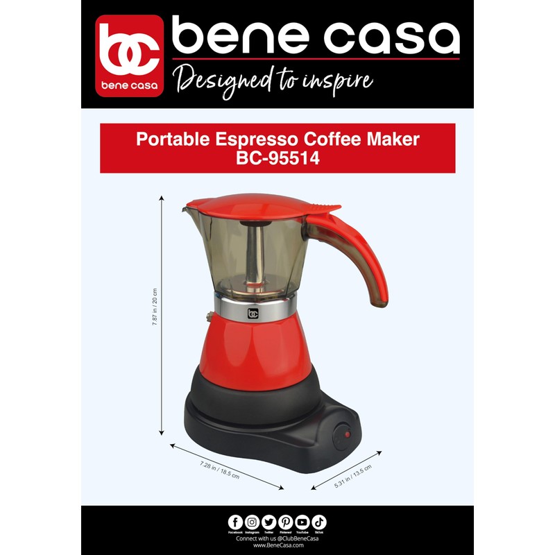 Bene Casa - Electric Espresso Maker 1-3 Cup Red, Cafetera
