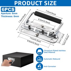 YAYODS Pack of 6 Spring-Loaded Crate Handles, Stainless Steel Folding Handle, 110 mm Carry Handle, Foldable Silver Folding Handles with Insulated Rubber Handle Cover, Hardware Boxes Handle, Carry