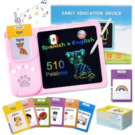 SHOUS Juguetes de Aprendizaje, 510 Palabras Tableta de Escritura LCD con 255 Tarjetas Flash Parlantes, Lectura Bilingüe en Español e Inglés, Montessori Juguetes Regalo, Juguetes para Niños