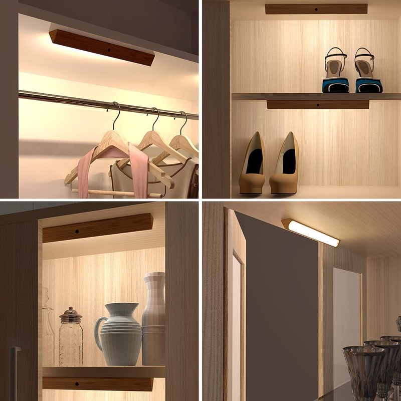 2pcs Under Cabinet Lights Wireless，Motion Sensor Closet Lights，Wooden Wireless USB