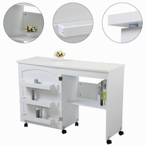 LOTOLE Folding Sewing Table Shelves Storage Cabinet Craft Cart Lockable Wheels