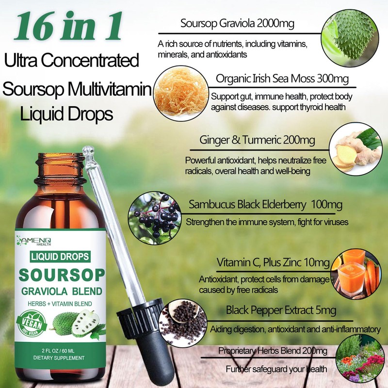 Soursop Graviola Liquid Drops, Organic Soursop Leave Extract w/Sea Moss,