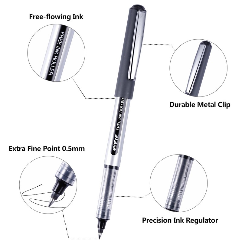 EYEYE Rollerball Pens 0.5mm Black 50 Pack, Extra Fine Point