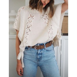 Knitted Tops Short Sleeve Sweater for Women Lace Up Crew Neck Crochet Tops Hollow Out Pullover Shirts(Beige-S)