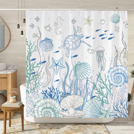 Nautical Coastal Turtle Shower Curtain, Blue Ocean Theme Coral Seashell Seahorse Starfish Bathroom Curtain, Kids Beach Themed Shower Curtains Set with Hooks, Fabric Waterproof 72x72 inch