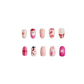 Christmas Press on Nails Short Almond Winter Fake Nails Pink Full Cover Santa Claus False Nails with Snow Bow Designs Glossy Glue on Nails Cute Acrylic Manicure Artificial Nails for Women Girls 24Pcs