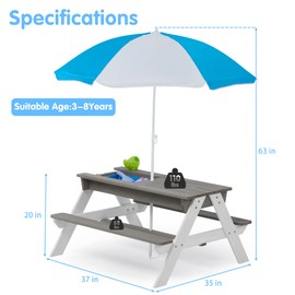 TREATLIFE HOME 3-in-1 Kids Outdoor Wooden Picnic Table with Adjustable Umbrella, Sand & Water Activity Table, Gray