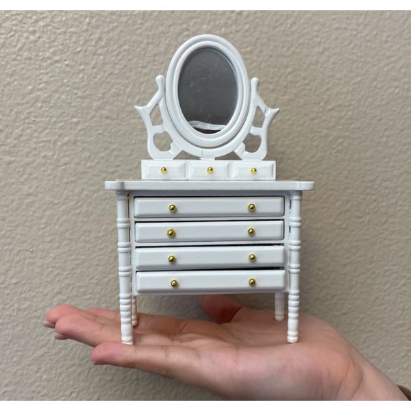 Miniature Dollhouse Dresser with Mirror, White, 4-Drawer, 1:12 Scale, 3.75x2x6