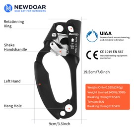 NewDoar Left Hand Ascender Rock Climbing Tree Arborist Rappelling Gear Equipment CE Certified Rope Clamp for 8~12MM Rope(Left Hand Black)