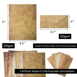 120 Pack Vintage Paper and Envelopes - 60 Sheets of Antique Looking Papers & 60 Antique Style Envelopes - Six Classic Aged Paper Designs - Vintage Printing paper, Vintage Writing Paper, 8.5 x 11 inch