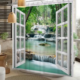 SDOTPMT Shower Curtain with Window View Spring Waterfall Trees Wilderness Landscape Bathroom Curtain White Window Picture Modern Art Fabric Waterproof Bathroom Curtain with Hooks, 120 x 180 cm