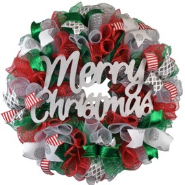 Red Green Silver Christmas Wreath - Holiday Monogram Initial Front Door Wreath : C4