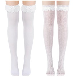 Suhine 2 Pair Oktoberfest Socks Lace Trim Ruffle Long Socks and Satin White Stockings for Women Girls (Over The Knee,Ruffle)