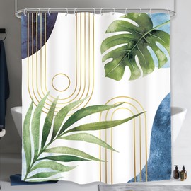 Glawry Boho Blue Green Shower Curtain Extra Long Abstract Mid Century Tropical Palm Leaf Modern Minimalist Plant Bathroom Geometric 72Wx78L Inches Bath Accessories Art Home Decor Fabric 12 Pack Hook