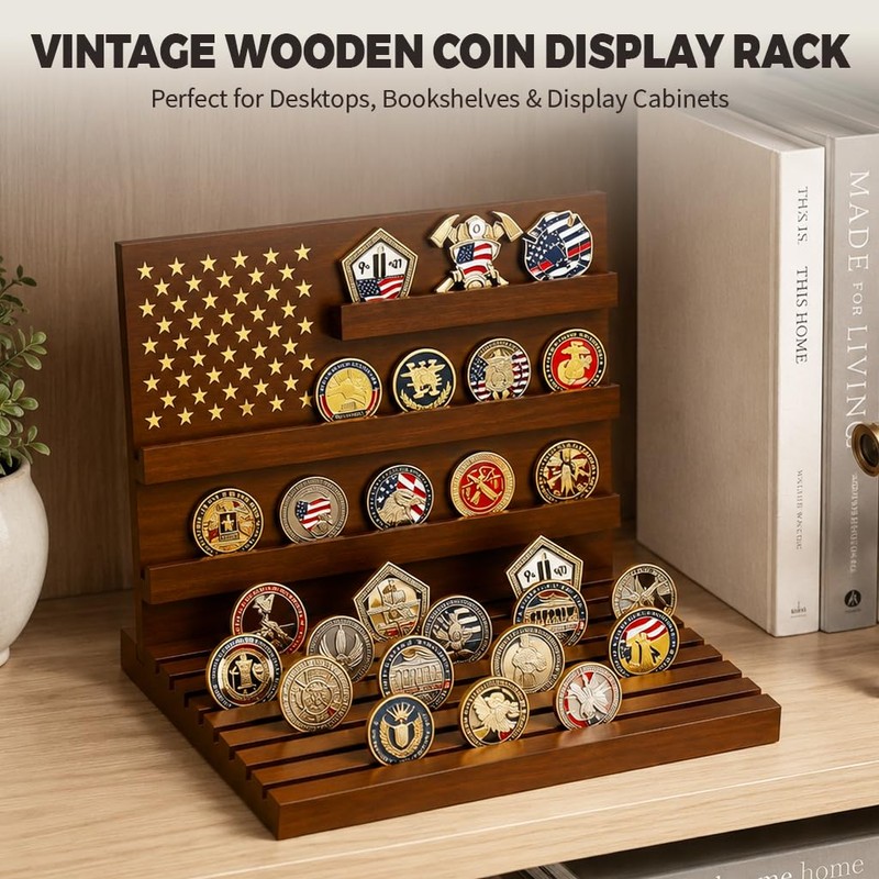 Challenge Coin Display, Solid Wood Military Holder Up to 80