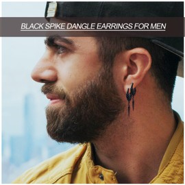 GUIJUEYE 3 Pairs Dangle Hoop Earrings Set for Men, Surgical Steel Hanging Huggie Hoop Earrings with Spike/Feather/Cross Star Charms (Black)