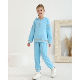 YOURUIKEY Girls Fall Winter Outfits Zipped Up Pocketed Hoodies Sweatpants Kids Jogger Set Cute Clothes for Girls Activewear Size 9-10