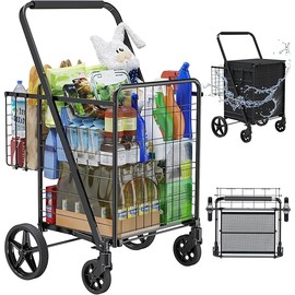 Folding Shopping Cart with Waterproof Bag, Grocery Cart with Encrypted Mesh Bottom, 23 Gal Double Basket & 360° Swivel Wheels, 260 Lbs Heavy Duty Shopping Carts for Groceries, Laundry