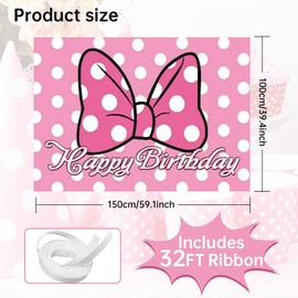Pink Cartoon Dot Birthday Party Backdrop Banner with Bow Design, 59.1 x 39.4 inches, Photo Background with 32ft Ribbon