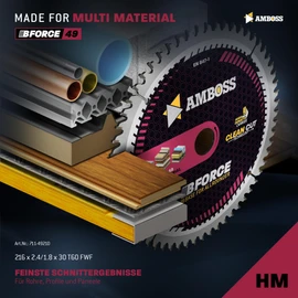 AMBOSS WERKZEUGE HM Circular Saw Blade, 216 x 30, Z60, Flat Teeth with Interchangeable Chamfer for Multi-Fine Cutting, 216 mm, for Metabo TS 216, Bosch GCM 8, GCM 800 SJ, PCM 8, GCM 305-216 D, Güde
