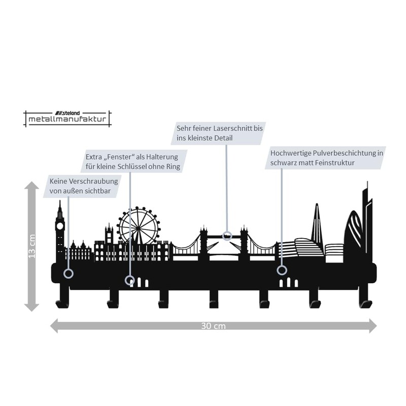 steland metallmanufaktur® London Skyline Steel Key Rack and Holder for