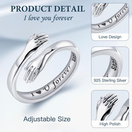 LOVECOM S925 Sterling Silver Hug Rings for Women Adjustable Hugging Hands Open Ring for Men Promise Rings Jewelry Birthday Mothers Day Gifts for Dad Mom Wife Daughters Grandma Best Friend (I love you forever, US Size 6)