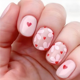 Spring Press on Nails Short Square Fake Nails with Heart Flower Designs Pink Nails Press ons Glossy Glue on Nails Cute False Nails Acrylic Stick on Nails for Women 24Pcs