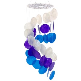 Shell Capiz Windchime - 17" Spiral Indoor Outdoor Hanging Coastal Home Décor, Blue, Purple, and White