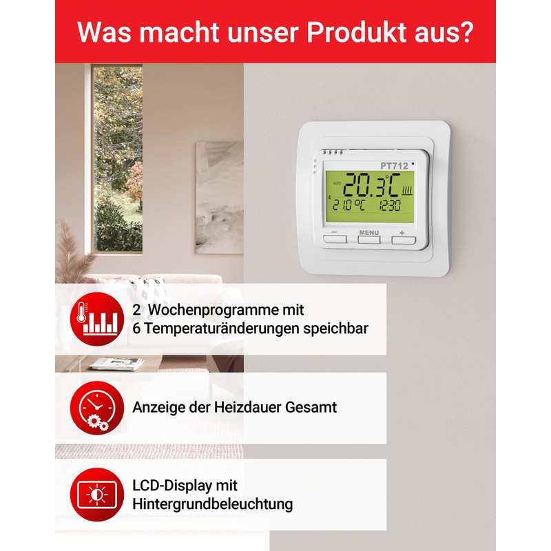 ELEKTROBOCK PT712 Digitaler Raumthermostat 230V - Programmierbarer Wandthermostat mit beleuchtetem